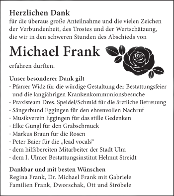 Traueranzeige von Michael Frank von SÜDWEST PRESSE Ausgabe Ulm/Neu-Ulm