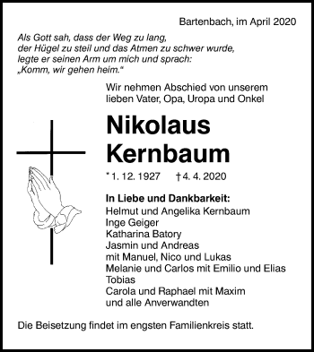 Traueranzeige von Nikolaus Kernbaum von NWZ Neue Württembergische Zeitung