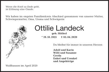 Traueranzeige von Ottilie Landeck von Hohenloher Tagblatt