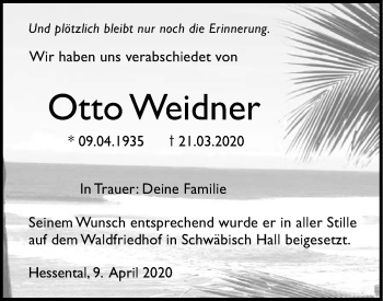 Traueranzeige von Otto Weidner von Haller Tagblatt