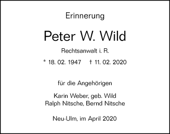 Traueranzeige von Peter W. Wild von SÜDWEST PRESSE Ausgabe Ulm/Neu-Ulm