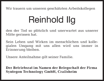 Traueranzeige von Reinhold Ilg von Hohenloher Tagblatt