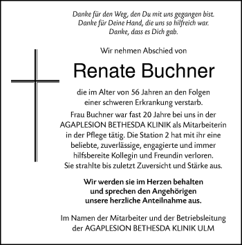 Traueranzeige von Renate Buchner von SÜDWEST PRESSE Ausgabe Ulm/Neu-Ulm