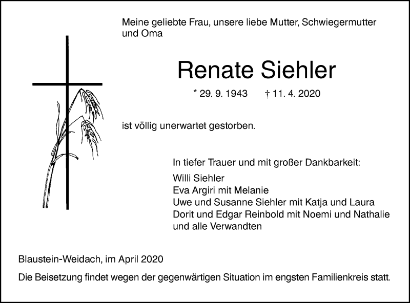  Traueranzeige für Renate Siehler vom 15.04.2020 aus SÜDWEST PRESSE Ausgabe Ulm/Neu-Ulm