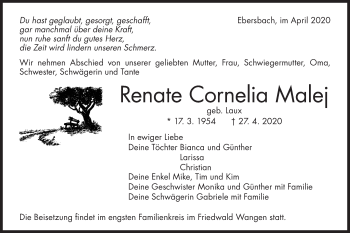 Traueranzeige von Renate Cornelia Malej von NWZ Neue Württembergische Zeitung