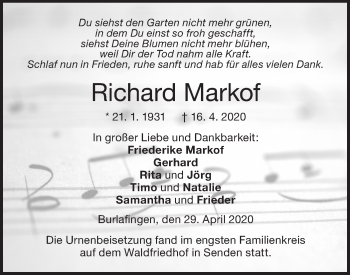 Traueranzeige von Richard Markof von SÜDWEST PRESSE Ausgabe Ulm/Neu-Ulm