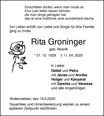 Traueranzeige von Rita Groninger von SÜDWEST PRESSE Ausgabe Ulm/Neu-Ulm