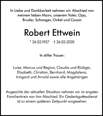 Traueranzeige von Robert Ettwein von SÜDWEST PRESSE Ausgabe Ulm/Neu-Ulm