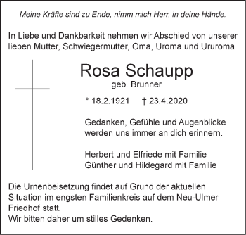 Traueranzeige von Rosa Schaupp von SÜDWEST PRESSE Ausgabe Ulm/Neu-Ulm