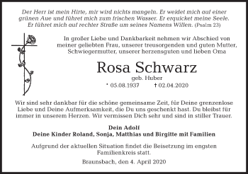 Traueranzeige von Rosa Schwarz von Haller Tagblatt