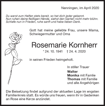 Traueranzeige von Rosemarie Kornherr von NWZ Neue Württembergische Zeitung