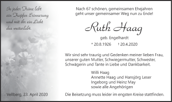 Traueranzeige von Ruth Haag von Haller Tagblatt