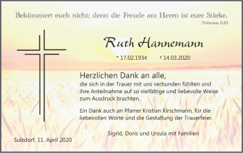 Traueranzeige von Ruth Hannemann von Haller Tagblatt