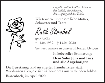 Traueranzeige von Ruth Strobel von NWZ Neue Württembergische Zeitung