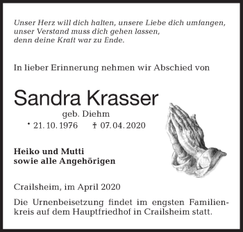 Traueranzeige von Sandra Krasser von Hohenloher Tagblatt