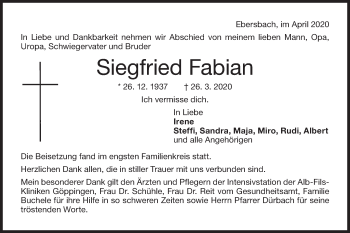 Traueranzeige von Siegfried Fabian von NWZ Neue Württembergische Zeitung