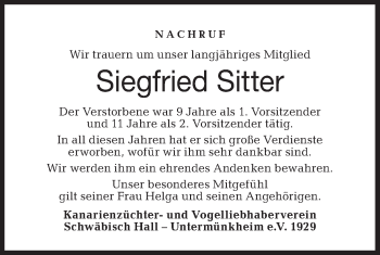 Traueranzeige von Siegfried Sitter von Haller Tagblatt