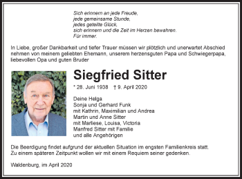 Traueranzeige von Siegfried Sitter von Haller Tagblatt