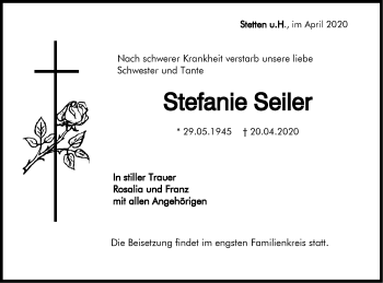 Traueranzeige von Stefanie Seiler von Hohenzollerische Zeitung