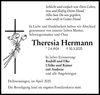 Traueranzeige von Theresia Hermann von SÜDWEST PRESSE Ausgabe Ulm/Neu-Ulm