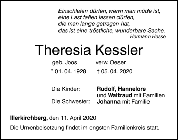 Traueranzeige von Theresia Kessler von SÜDWEST PRESSE Ausgabe Ulm/Neu-Ulm