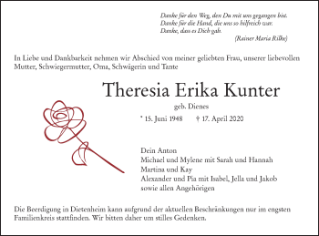 Traueranzeige von Theresia Erika Kunter von Illertal Bote