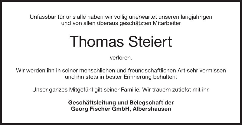  Traueranzeige für Thomas Steiert vom 18.04.2020 aus NWZ Neue Württembergische Zeitung