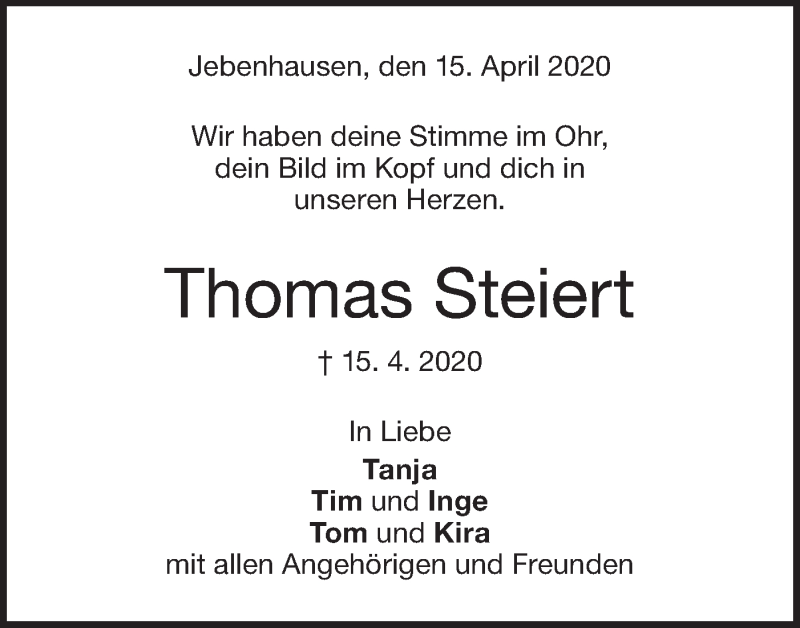  Traueranzeige für Thomas Steiert vom 18.04.2020 aus NWZ Neue Württembergische Zeitung