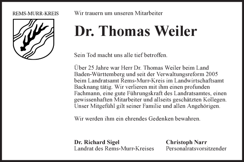  Traueranzeige für Thomas Weiler vom 14.04.2020 aus Rundschau Gaildorf