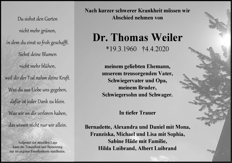  Traueranzeige für Thomas Weiler vom 11.04.2020 aus Rundschau Gaildorf