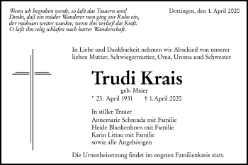 Traueranzeige von Trudi Krais von Alb-Bote/Metzinger-Uracher Volksblatt