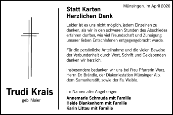 Traueranzeige von Trudi Krais von Alb-Bote/Metzinger-Uracher Volksblatt