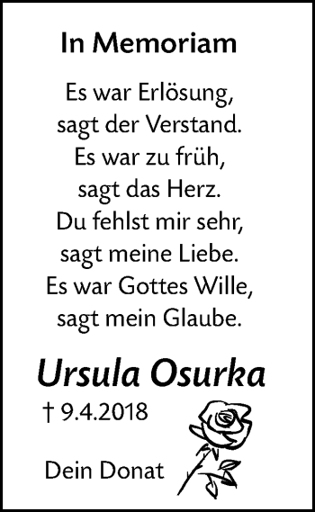 Traueranzeige von Ursula Osurka von SÜDWEST PRESSE Ausgabe Ulm/Neu-Ulm