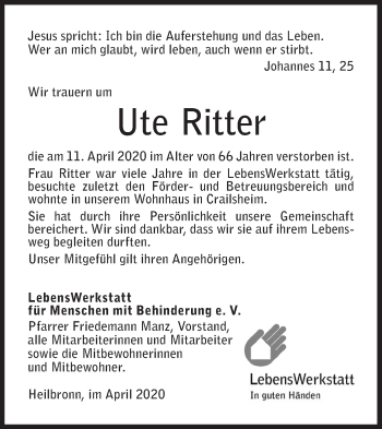 Traueranzeige von Ute Ritter von Hohenloher Tagblatt