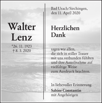 Traueranzeige von Walter Lenz von Metzinger-Uracher Volksblatt