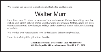 Traueranzeige von Walter Murr von Haller Tagblatt