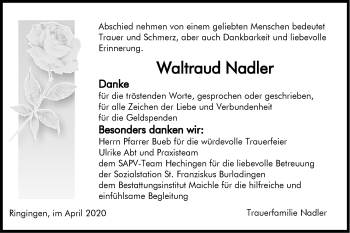 Traueranzeige von Waltraud Nadler von Hohenzollerische Zeitung