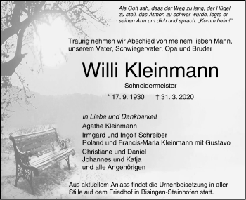 Traueranzeige von Willi Kleinmann von Hohenzollerische Zeitung