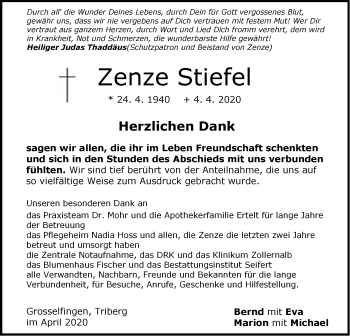 Traueranzeige von Zenze Stiefel von Hohenzollerische Zeitung