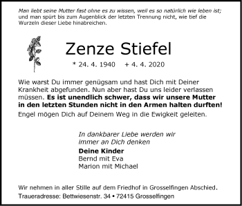 Traueranzeige von Zenze Stiefel von Hohenzollerische Zeitung