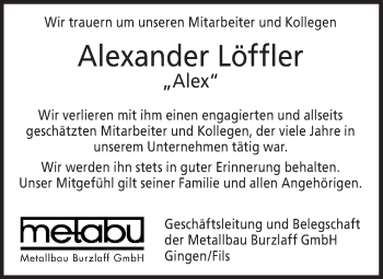 Traueranzeige von Alexander Löffler von Geislinger Zeitung