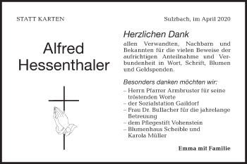 Traueranzeige von Alfred Hessenthaler von Haller Tagblatt