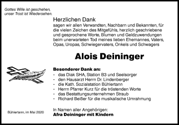 Traueranzeige von Alois Deininger von Haller Tagblatt