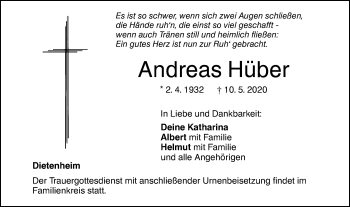 Traueranzeige von Andreas Hüber von Illertal Bote