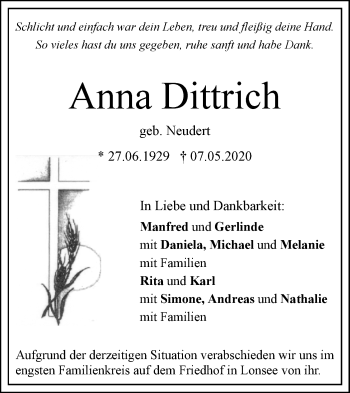 Traueranzeige von Anna Dittrich von SÜDWEST PRESSE Ausgabe Ulm/Neu-Ulm