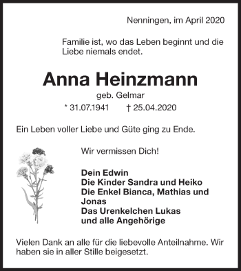 Traueranzeige von Anna Heinzmann von NWZ Neue Württembergische Zeitung