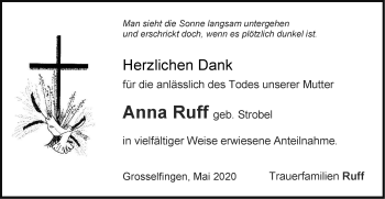 Traueranzeige von Anna Ruff von Hohenzollerische Zeitung