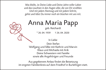 Traueranzeige von Anna Maria Papp von SÜDWEST PRESSE Ausgabe Ulm/Neu-Ulm