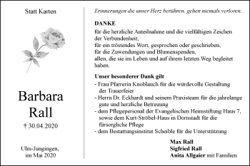 Traueranzeige von Barbara Rall von SÜDWEST PRESSE Ausgabe Ulm/Neu-Ulm