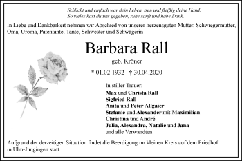 Traueranzeige von Barbara Rall von SÜDWEST PRESSE Ausgabe Ulm/Neu-Ulm